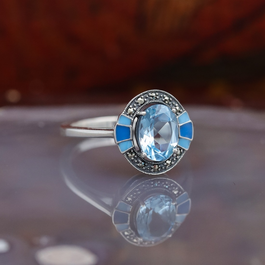 Bague d exception en argent pierre topaze bleue d email bleu et marcassites