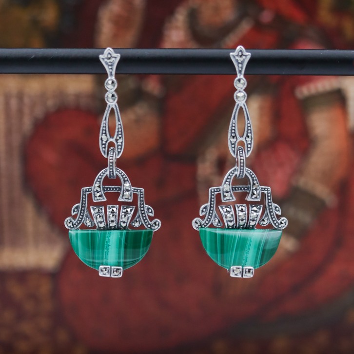 Boucles d'oreilles d'exception en argent et pierre malachite