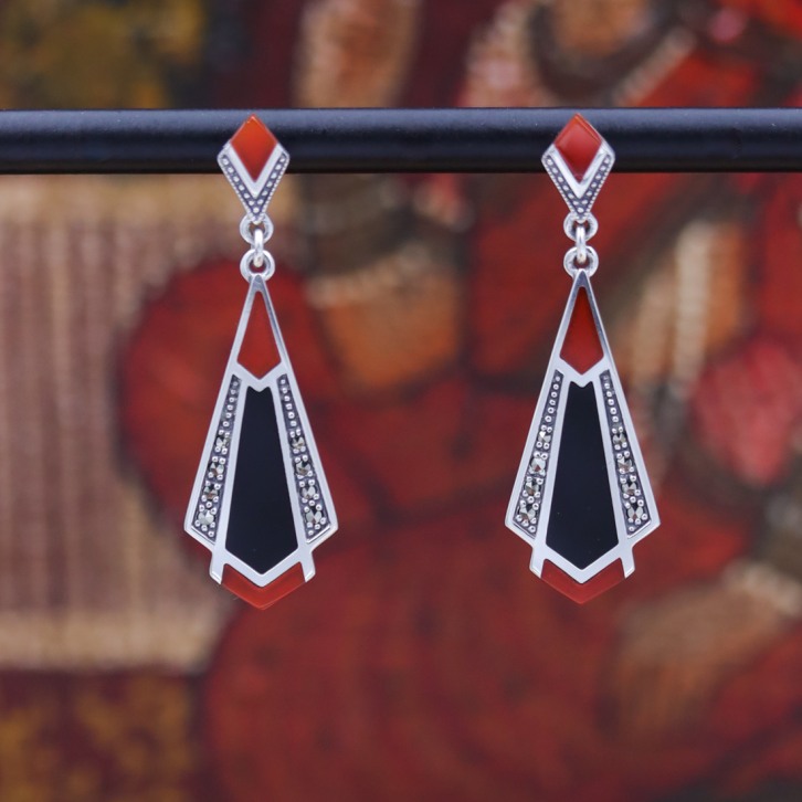 Boucles d'oreilles d'exception en argent et pierre cornaline & onyx