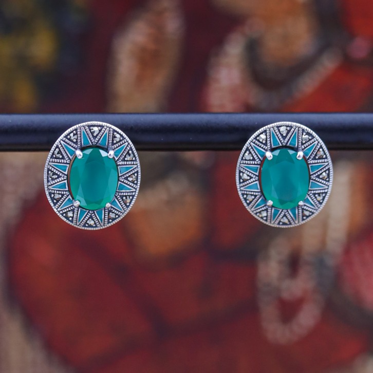 Boucles d'oreilles d'exception en argent et pierre agate verte