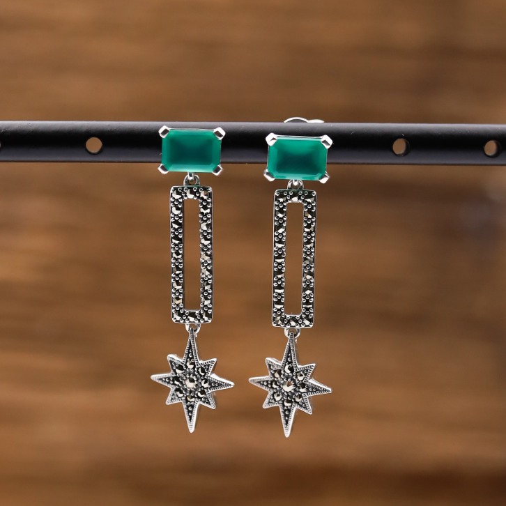 Boucles d'oreilles d'exception en pierre agate verte et marcassites