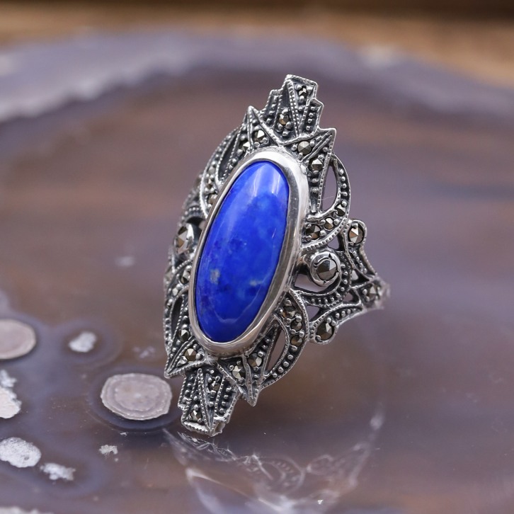 Bague d'exception en argent, marcassites et pierre Lapis Lazuli