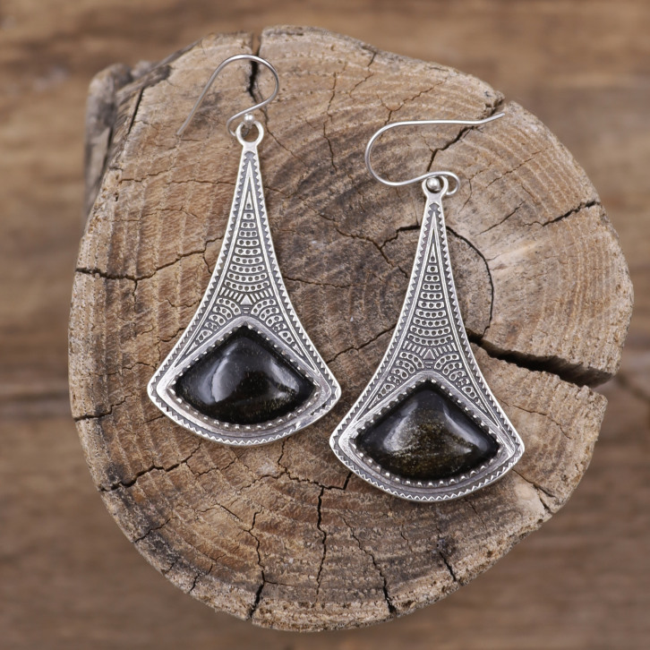 Boucles d'oreilles en argent et obsidienne dorée