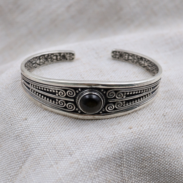 Bracelet rigide en argent et pierre obsidienne dorée