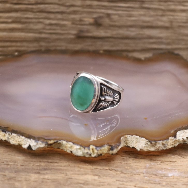 Bague "aigle" en argent et agate verte