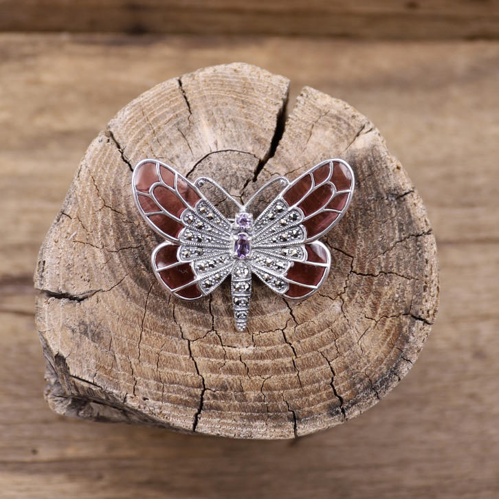 Broche d'exception papillon en argent, marcassites, et pierre améthyste