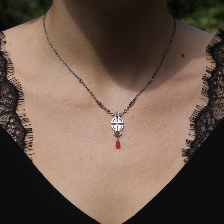 Collier d'exception en argent, cornaline et marcassites