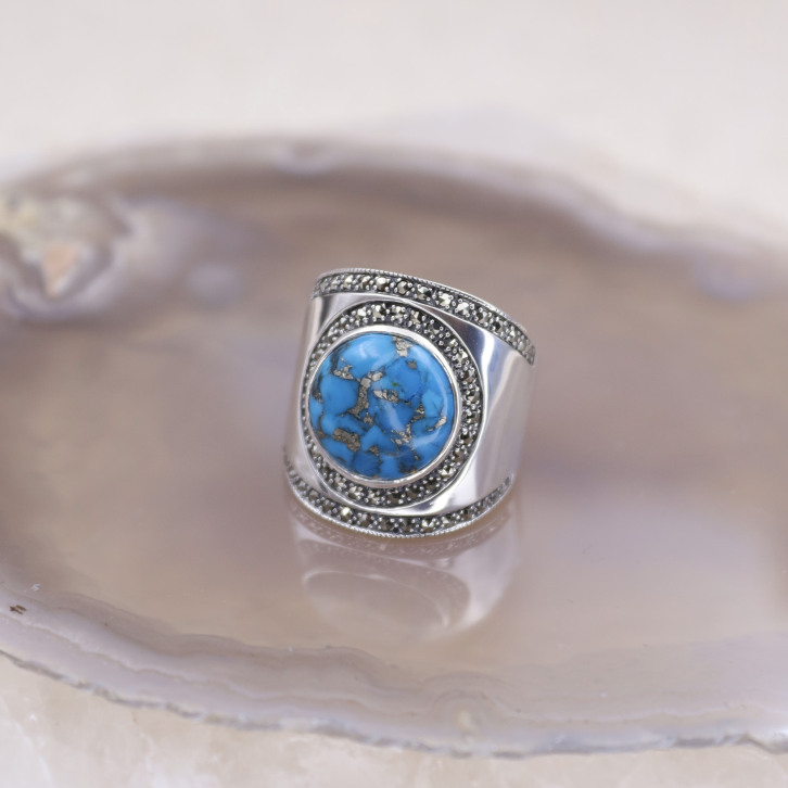 Bague d'exception en argent, marcassites et turquoise