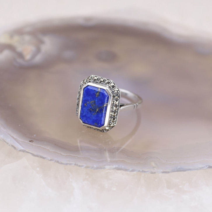 Bague d'exception en argent, marcassites et lapis lazuli