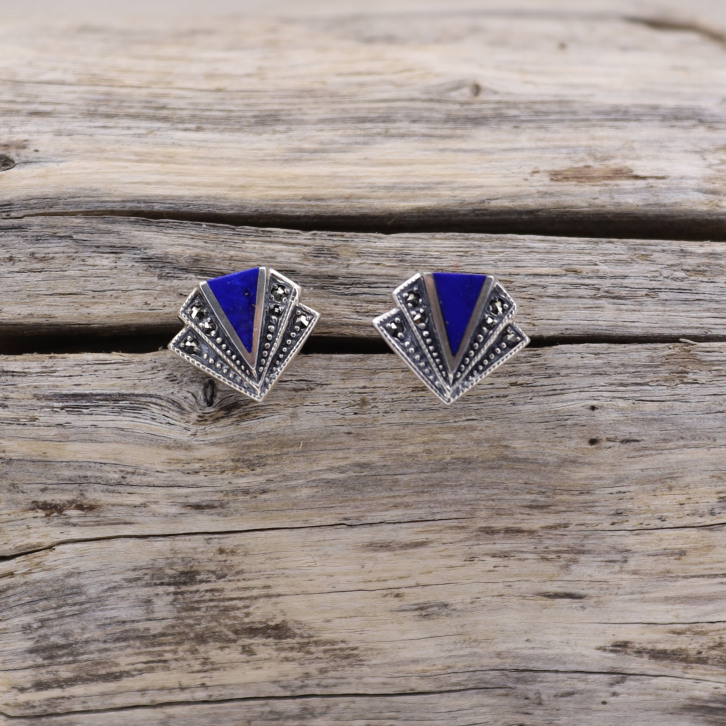 Boucles d'oreilles d'exception en argent, marcassites et lapis lazuli