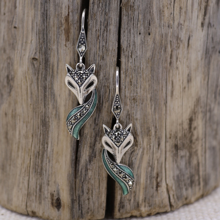 Boucles d'oreilles "renard" en argent, marcassites, émail