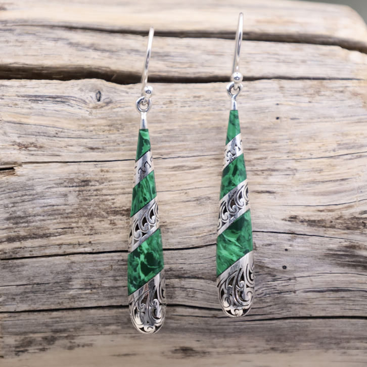 Boucles d'oreilles en argent et malachite