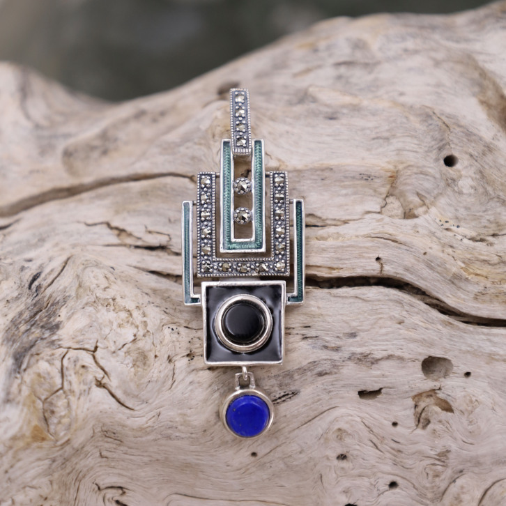 Pendentif d'exception en argent avec lapis lazuli, onyx et marcassite