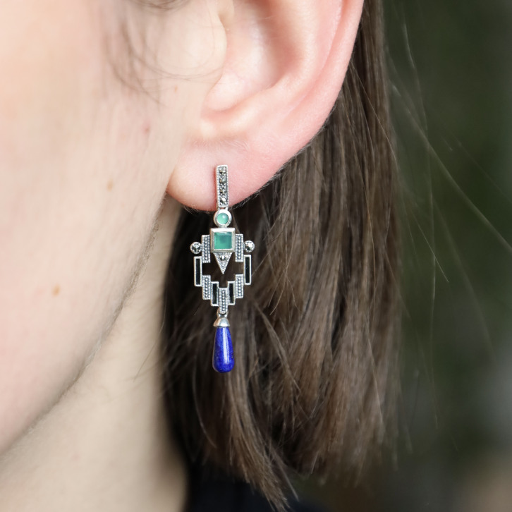Boucles d'oreilles d'exception en argent avec agate verte, lapis lazuli et marcassite