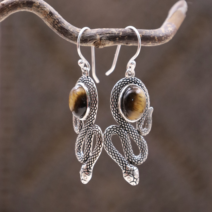 Boucles d'oreilles en argent et oeil de tigre - serpent