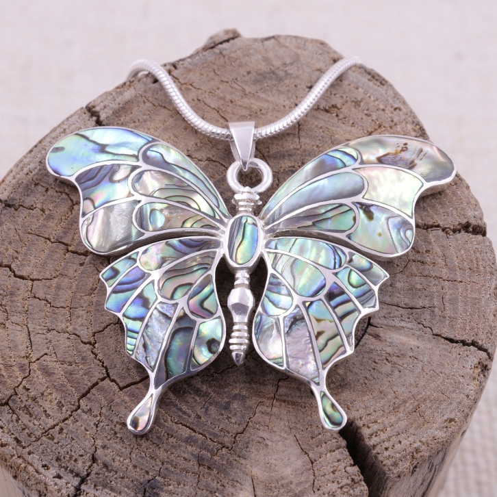Pendentif en argent avec marcassites, abalone et rubis - papillon