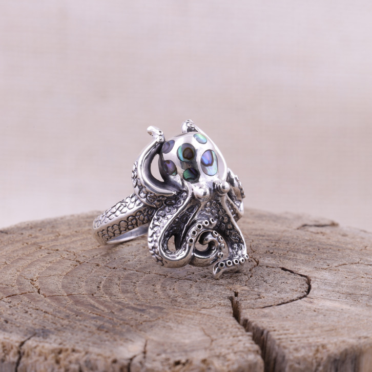 Bague pieuvre en argent et abalone
