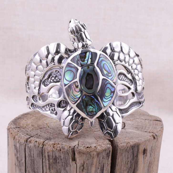 Bracelet rigide en argent et abalone - tortue